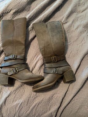 Ruff Hewn Olive Brown Strappy Mid-Heel Knee Boots